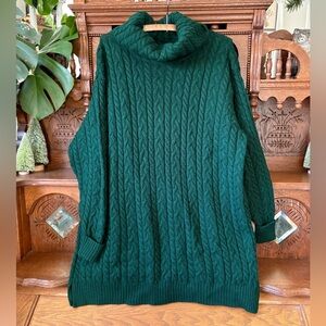 Vintage Forest Green Cable Knit Wool Blend Turtleneck Tunic Sweater 2X